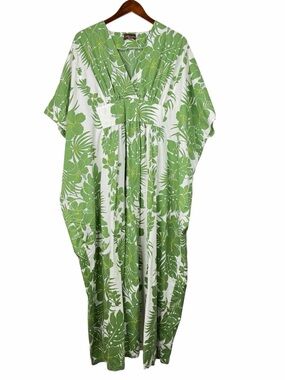 VTG Tropical Eve Hawaii Muu Muu Kaftan Maxi Dress Green White Floral One Size